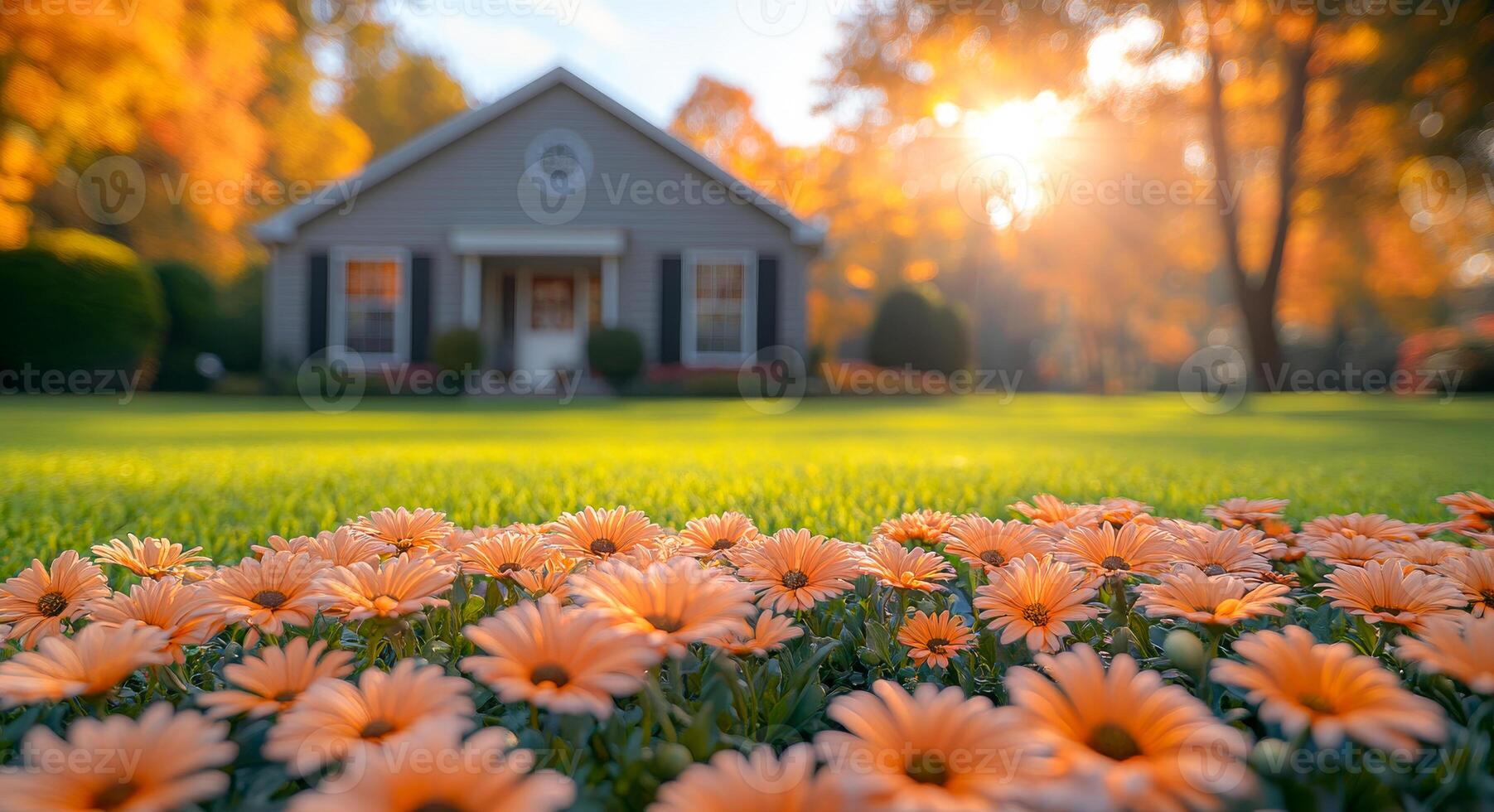 A house with a white door and a white window. The house is surrounded by a field of orange flowers photo