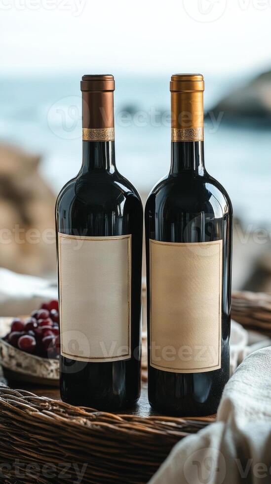 Two wine bottles with brown and gold tops sit on a table next to a basket of grapes. The bottles are labeled with white labels, and the grapes are in a bowl. The scene suggests a relaxed photo