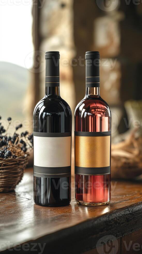 Two bottles of wine, one red and one pink, sit on a wooden table. The wine bottles are next to a basket of berries photo