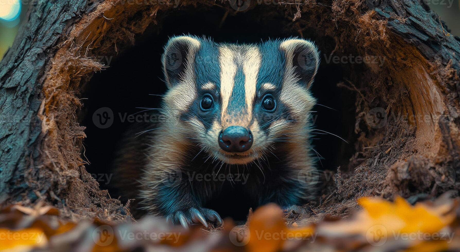 Badger peeking from a hollow tree trunk in autumn. A badger peers curiously from a hollow tree trunk surrounded by fallen leaves during autumn. photo
