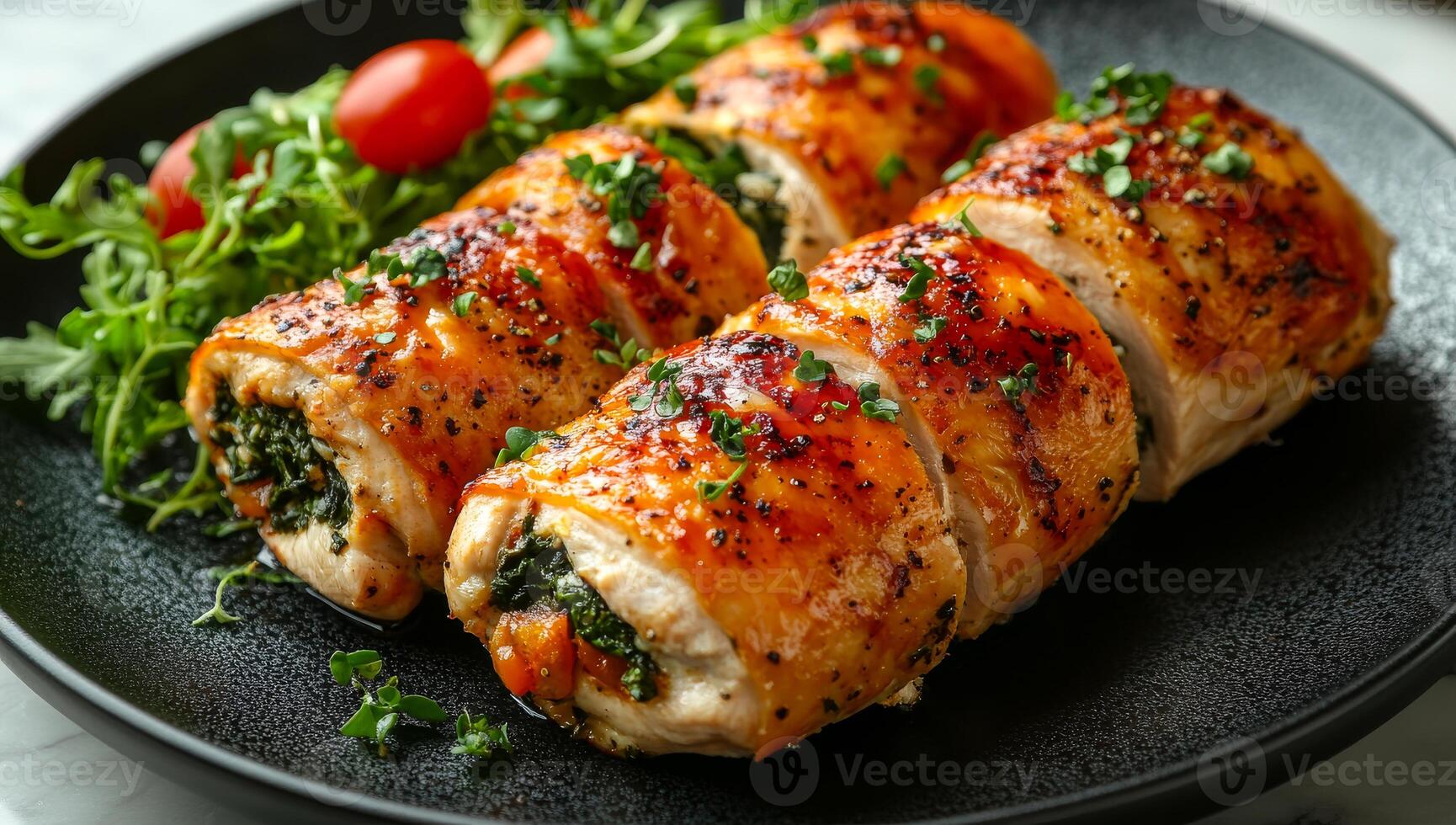 Stuffed chicken rolls with fresh greens. Tender chicken rolls filled with spinach and tomatoes, plated alongside vibrant fresh greens and cherry tomatoes. photo