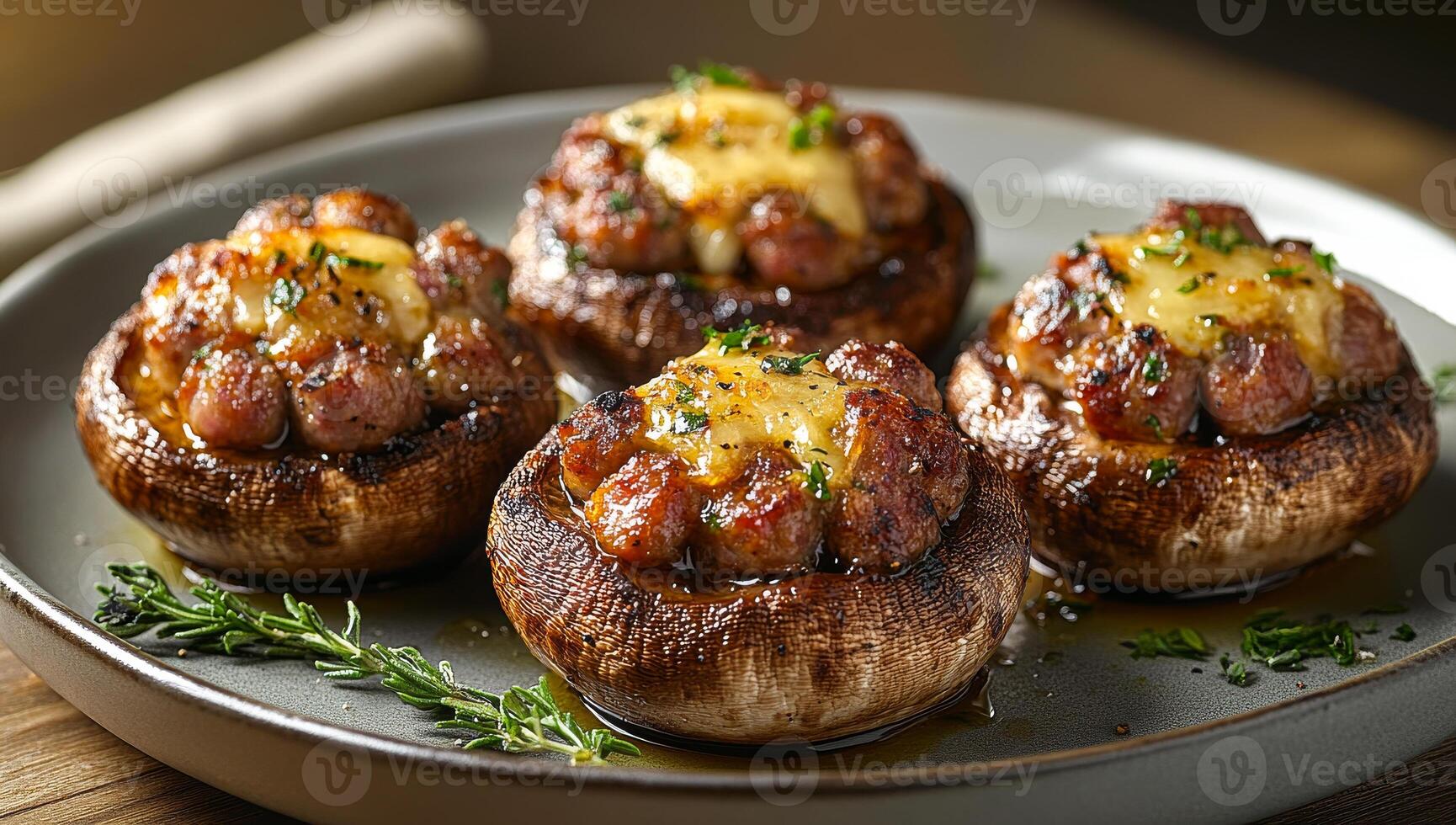 Savory stuffed mushrooms on a plate ready to eat. Delicious stuffed mushrooms filled with savory meat and cheese served elegantly on a round plate with herbs. photo