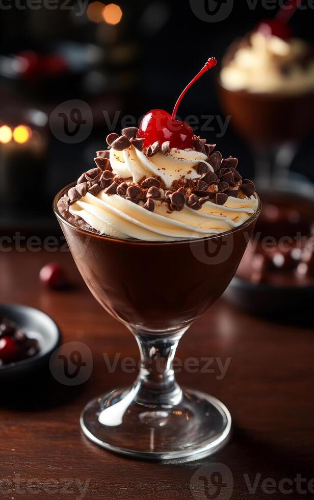 Decadent chocolate dessert with rich toppings. A bowl filled with creamy chocolate mousse topped with whipped cream, chocolate shavings, and a cherry. photo