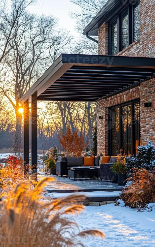 Cozy winter sunset at a modern home patio. A warm sunset glows over a stylish patio surrounded by winter scenery and cozy furnishings in a serene neighborhood. photo