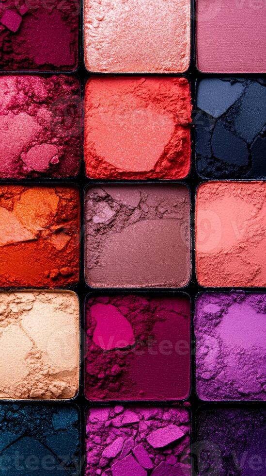 Colorful assortment of vibrant eye shadow pigments. A square arrangement of various eye shadow colors showcases rich reds, pinks, and purples for makeup looks. photo