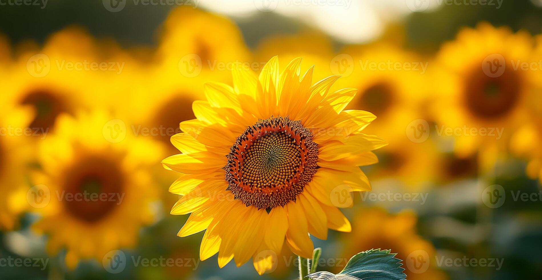 Sunflower field blooms under warm evening sunlight. Vibrant sunflowers stretch towards the sun in a lush field during the late afternoon, showcasing their bright petals. photo