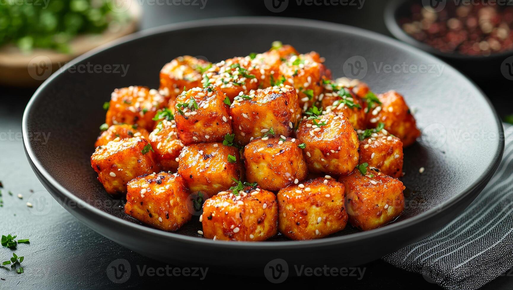 Savory crispy tofu bites garnished with herbs. Crispy tofu bites coated in spicy sauce and herbs served in a black bowl, perfect for sharing at a meal or snack. photo