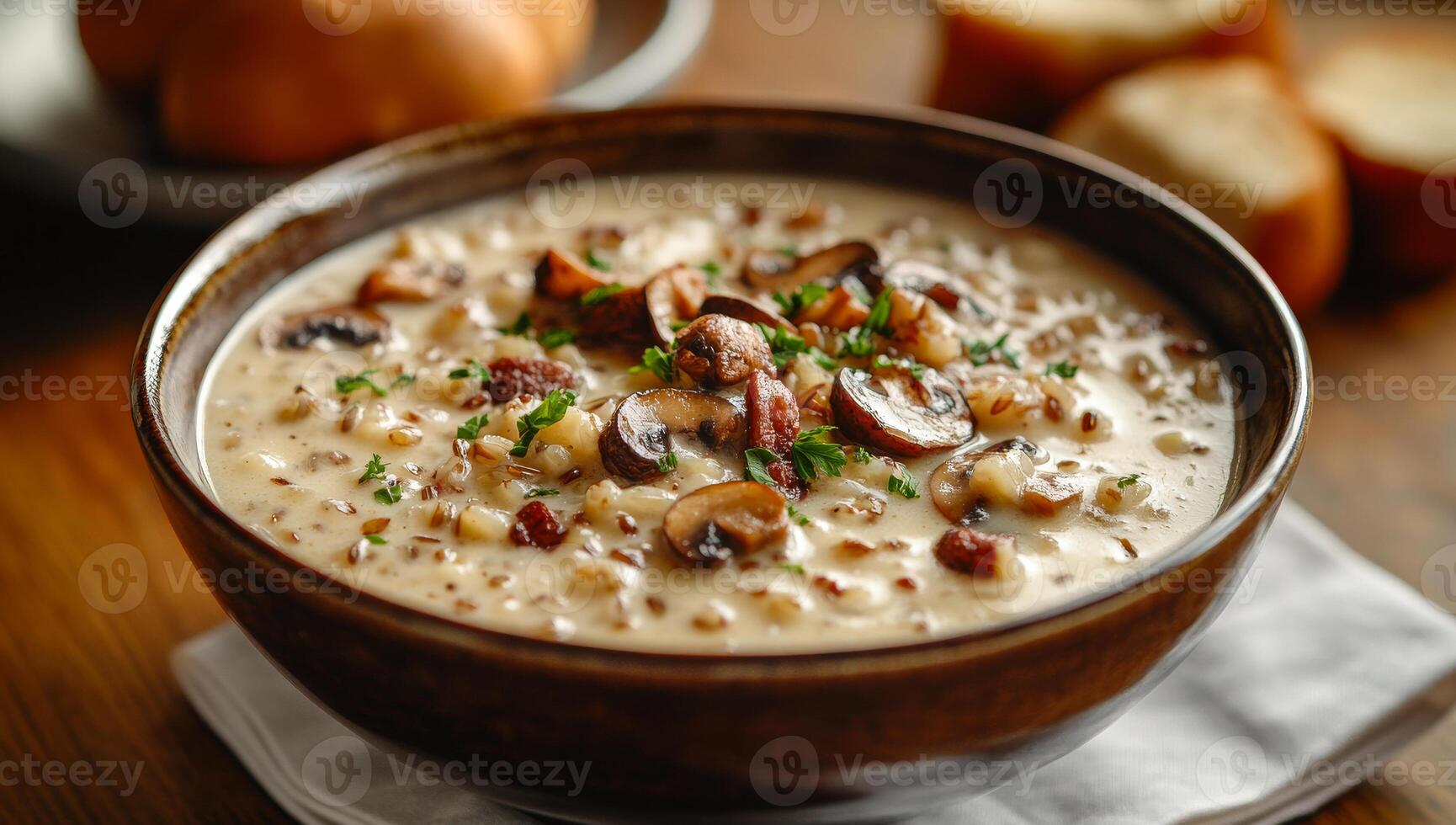 Cozy soup with bread rolls served warm. A rich, creamy soup with mushrooms and herbs is served in a bowl alongside warm bread rolls in a welcoming atmosphere. photo