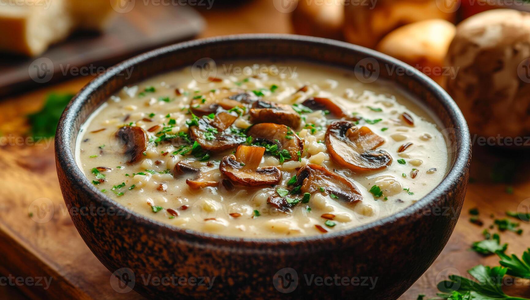 Creamy mushroom soup served in a rustic bowl. A bowl of creamy mushroom soup with herbs sits on a wooden table, surrounded by fresh ingredients. photo