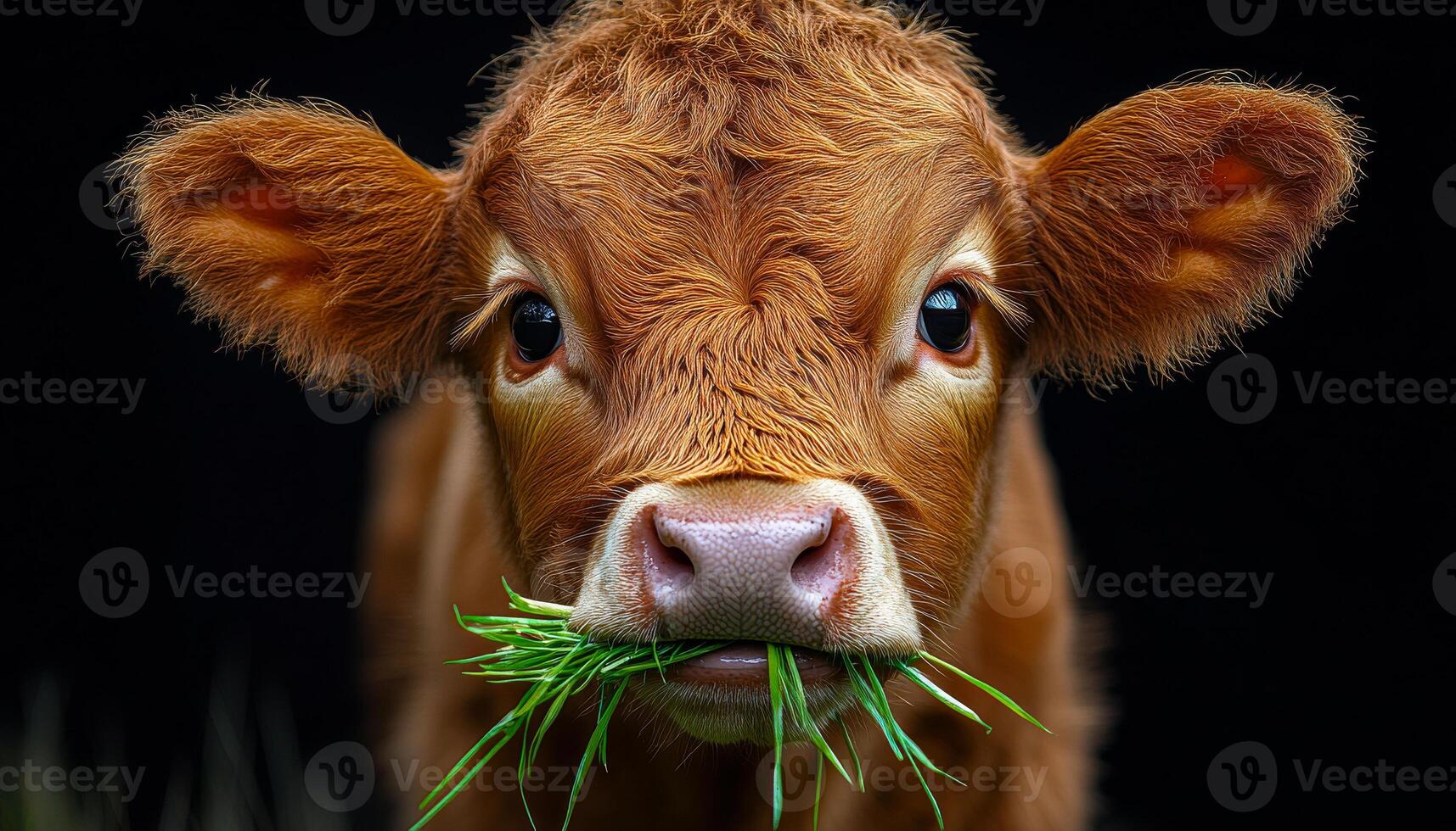 Cute calf chewing grass in a natural setting. A young calf stands calmly, chewing on fresh grass against a dark background, showcasing its playful nature. photo