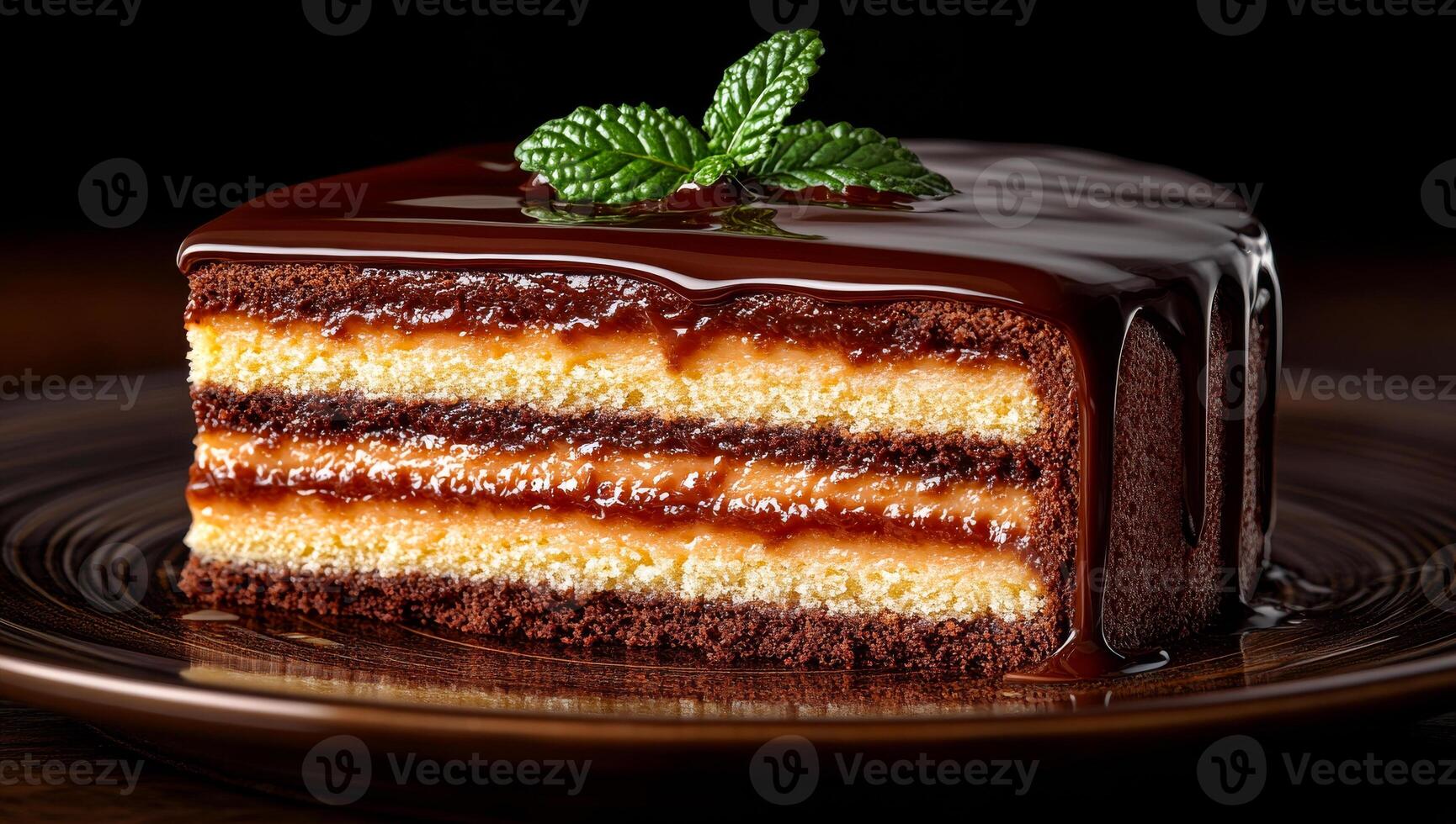 Delicious chocolate cake slice with mint garnish. A tempting slice of chocolate layer cake sits on a dark plate, topped with a mint leaf for decoration. photo