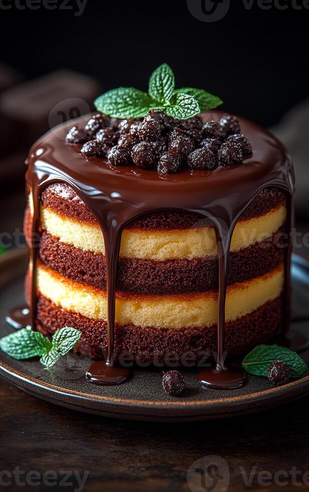 Chocolate dessert with mint garnish and berries. A delicious layer cake covered in rich chocolate ganache and topped with mint leaves and dark berries. photo