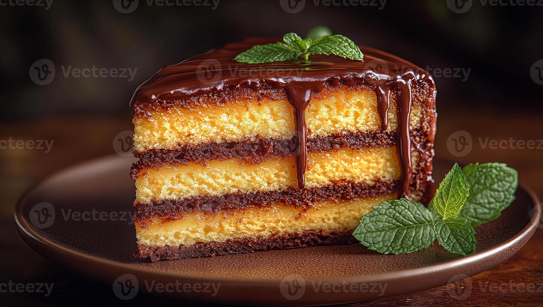 Delicious chocolate layered cake with mint garnish. A rich chocolate layered cake sits on a brown plate, topped with a drizzle of chocolate and fresh mint leaves. photo