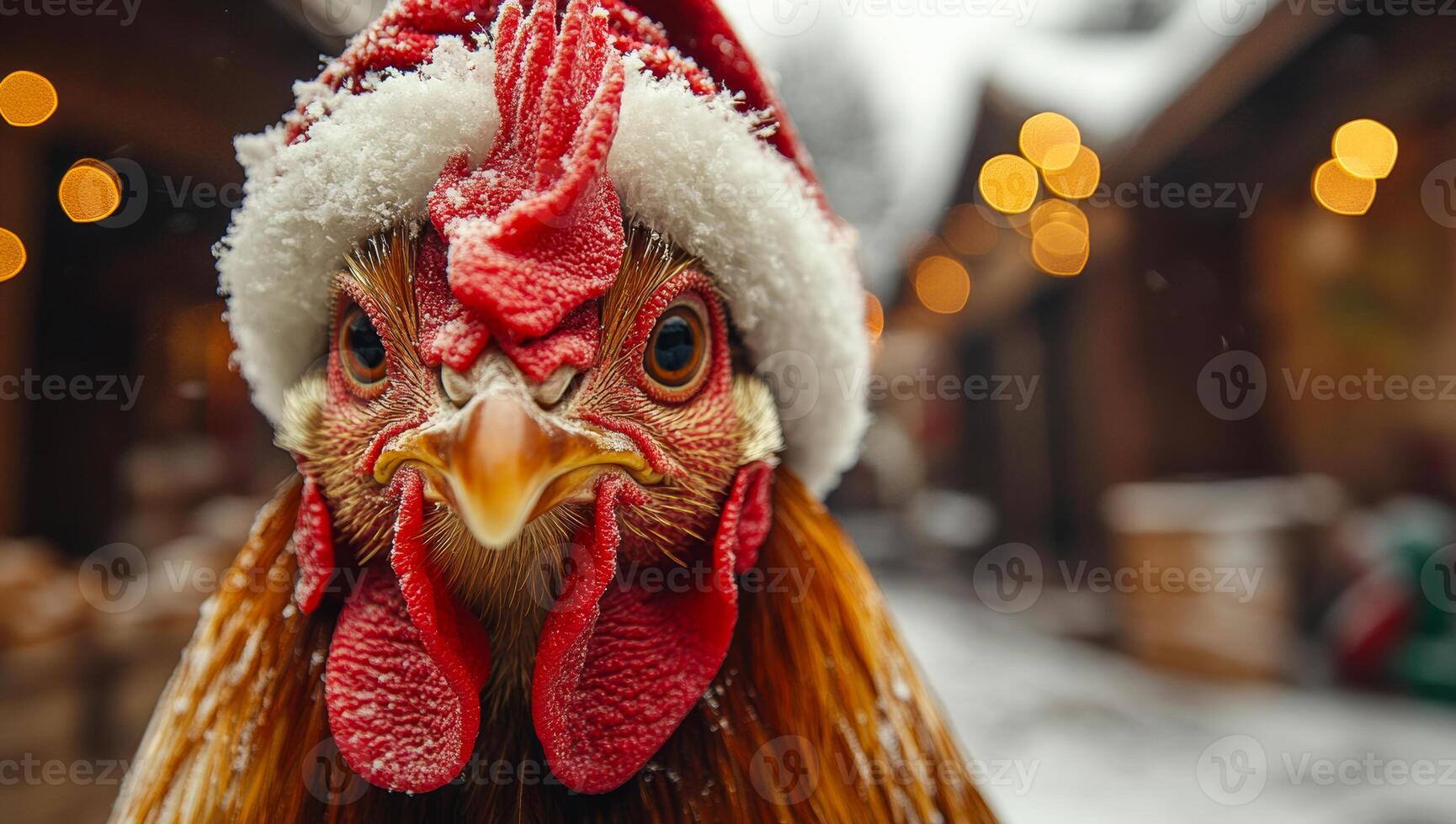 Chicken wearing Christmas hat at snowy farm. A bright red chicken donned with a festive hat stands out against a snowy farm backdrop during winter festivities. photo