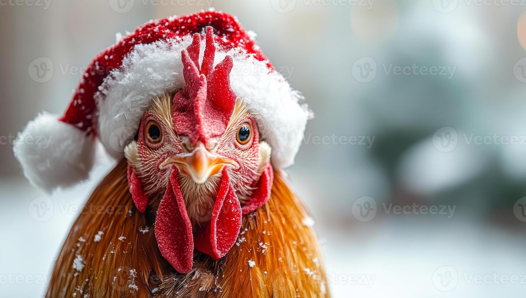 Chicken in Santa hat in winter scene. A festive chicken displays a Santa hat against a snowy background, capturing the joyful spirit of the season. photo