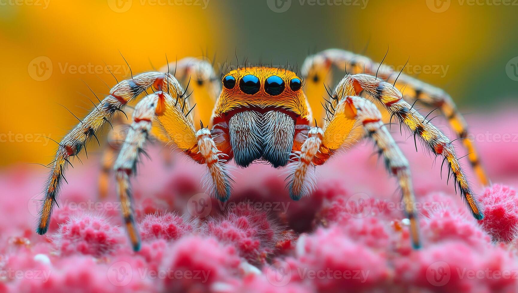 Colorful jumping spider posed on pink flower. A vibrant jumping spider is resting on a pink flower, showcasing its striking colors and intricate patterns. photo