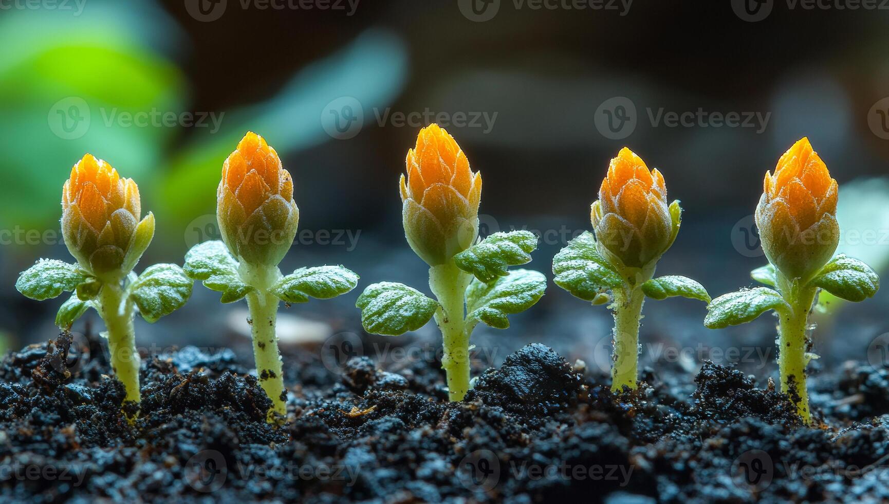 New buds emerge from rich soil in a garden setting. Five vibrant buds are starting to bloom, growing from dark soil in a lush garden, showcasing nature's renewal. photo