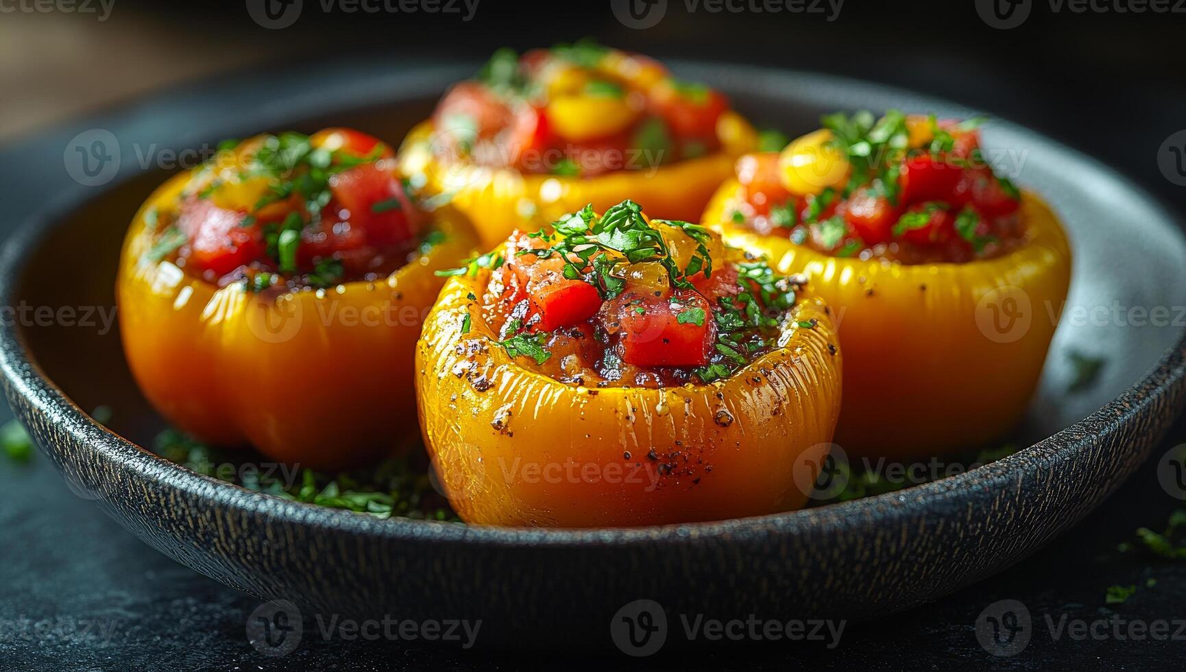 Stuffed peppers with fresh toppings. Plump yellow peppers filled with fresh tomatoes and herbs, beautifully arranged on a dark plate, ready to eat. photo