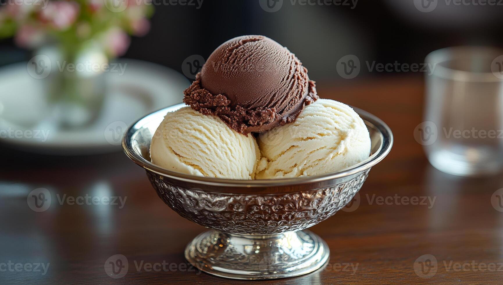 Indulging in a classic ice cream sundae treat. A bowl holds three elegant scoops of ice cream in different flavors, surrounded by a cozy cafe ambiance. photo