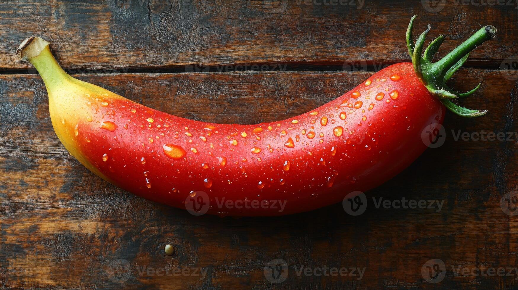 This striking fruit hybrid combines tomato and banana features, showcasing a vibrant red exterior with yellow undertones, resting on a textured wooden surface. photo