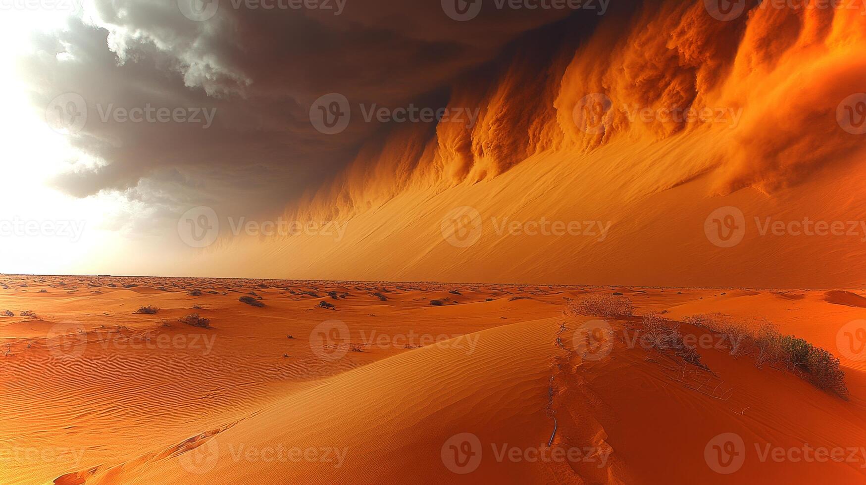 A powerful sandstorm engulfs the vast Sahara desert, creating a mesmerizing spectacle of swirling orange and brown dunes against dark clouds. photo