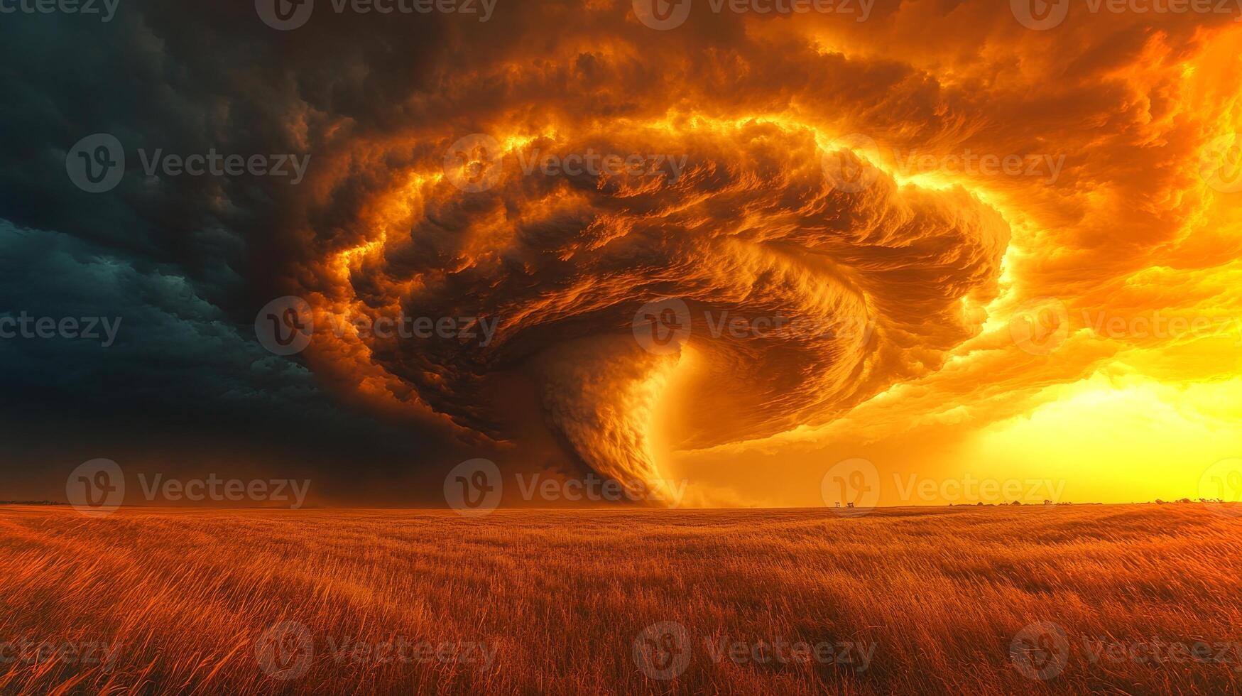 A tornado is forming over a vast open plain as the sun sets, casting a golden hue on the swirling clouds and creating a striking visual contrast. photo