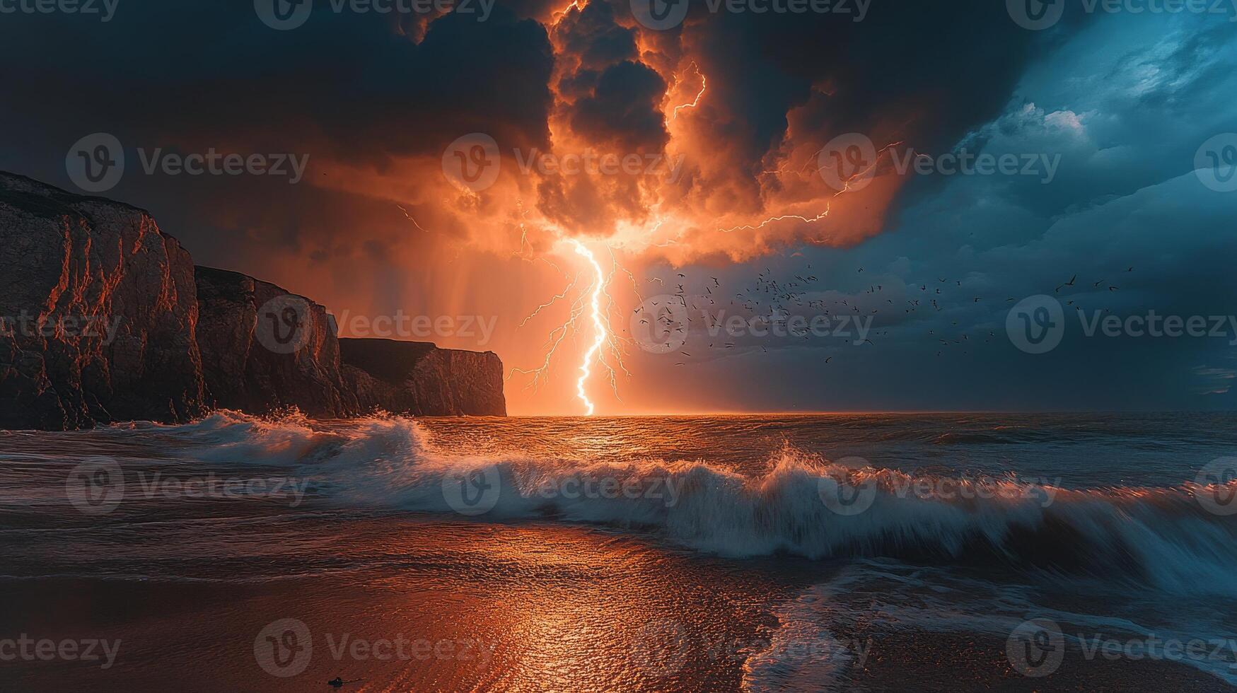 A powerful bolt of lightning illuminates the dark sky, striking the turbulent waves as storm clouds gather over the ocean at dusk. photo