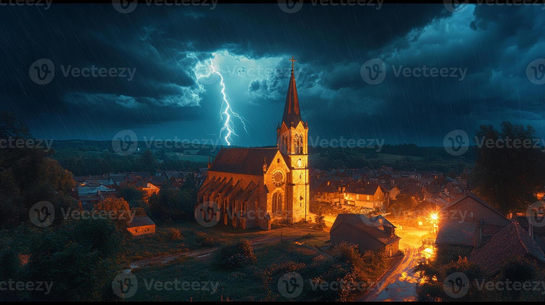 Lightning violently illuminates the sky as it strikes the steeple of a picturesque church amidst dark storm clouds, creating a captivating display of nature's power. photo