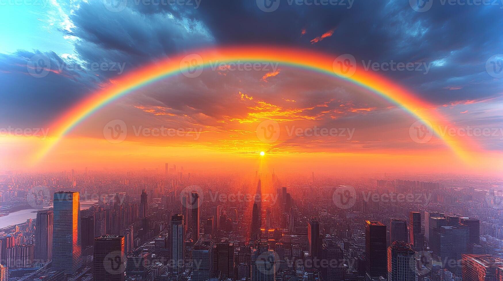 Bright rainbow stretches across a vibrant city skyline as the sun sets, illuminating buildings after a passing storm. The atmosphere is serene and uplifting. photo