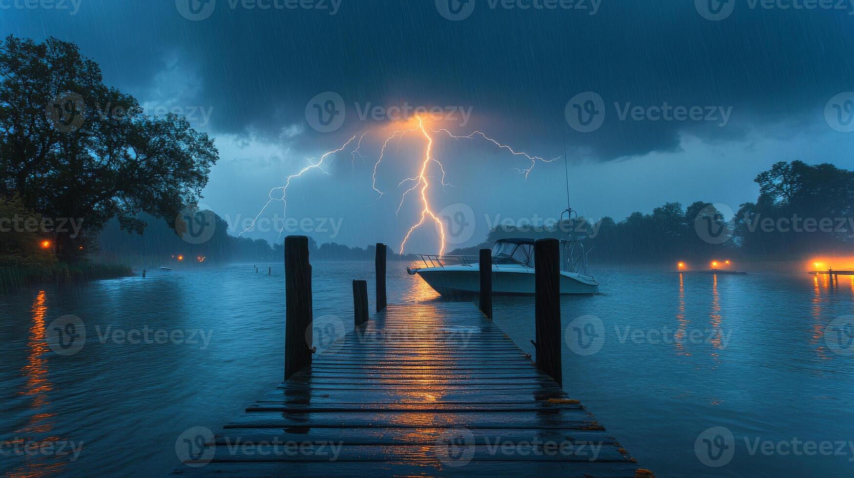 A powerful lightning strike illuminates the dark storm clouds above a boat moored by a wooden dock on a tranquil lake during an intense storm. photo