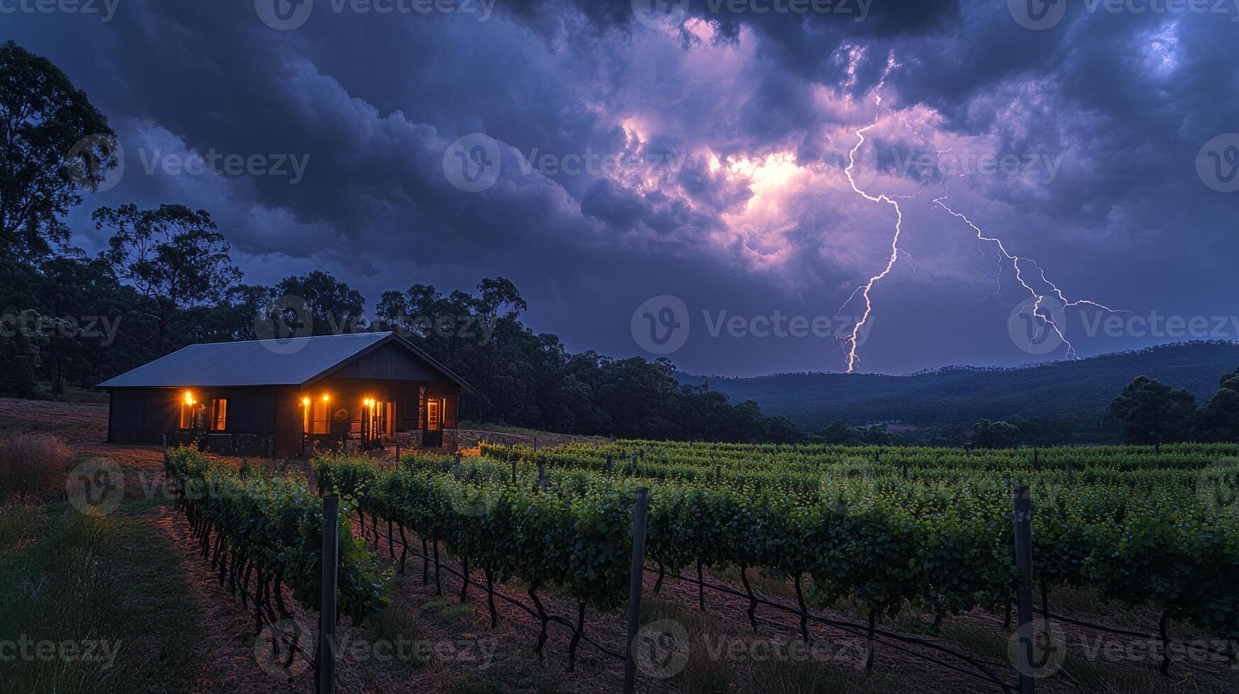 A powerful lightning storm unfolds over a vineyard as dark clouds gather. The warm glow from the vineyard cottage contrasts with the turbulent weather. photo