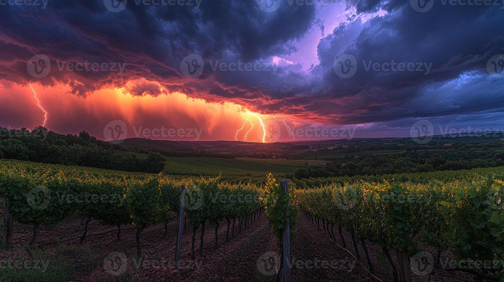 A vibrant lightning storm unfolds over a vineyard at dusk, creating a striking contrast with the dark clouds and golden vines below, showcasing nature's power. photo