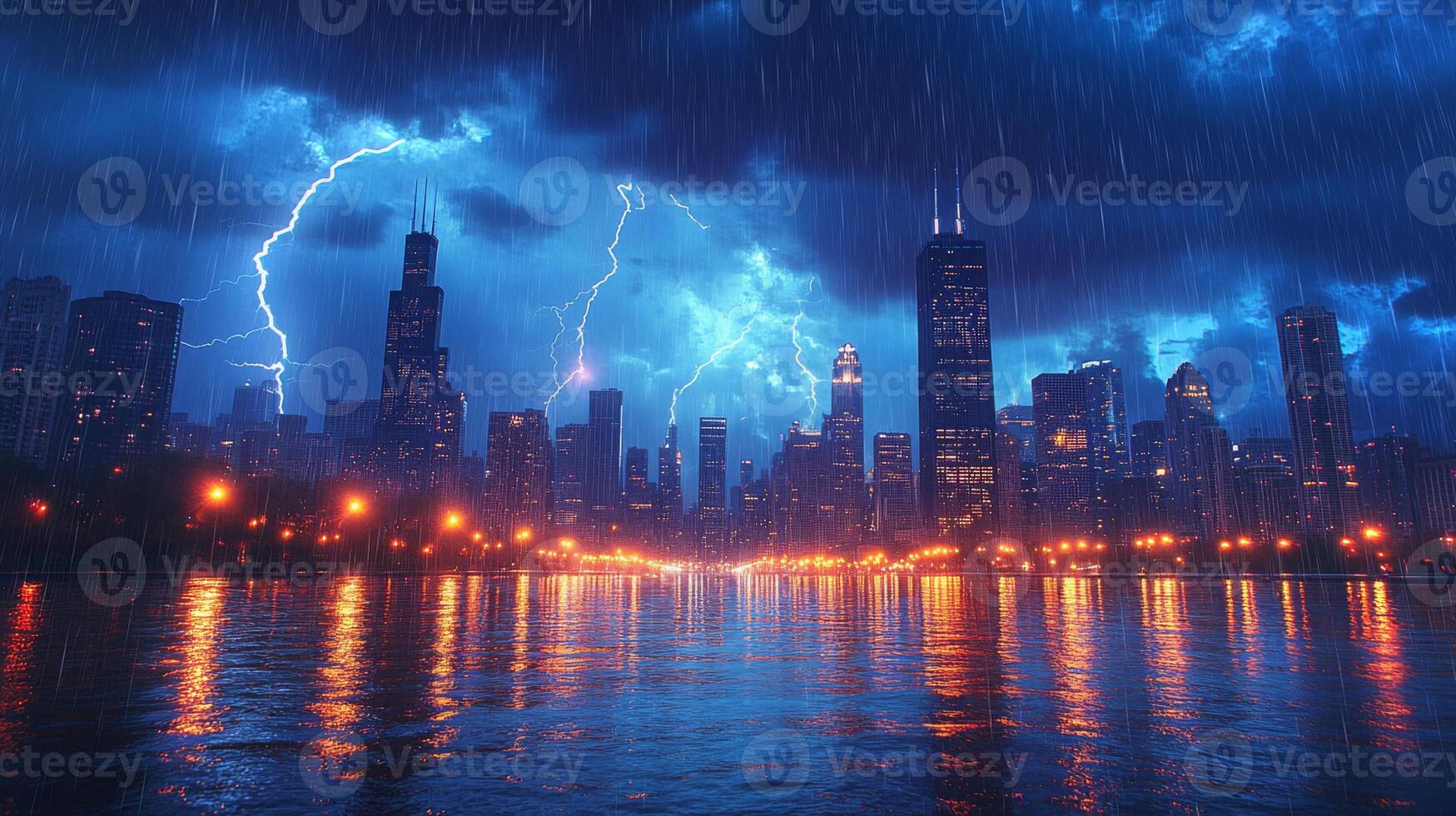 Lightning arcs dramatically between dark storm clouds, casting bright flashes over a city's skyline reflected in water. Rain clouds add an intense atmosphere. photo