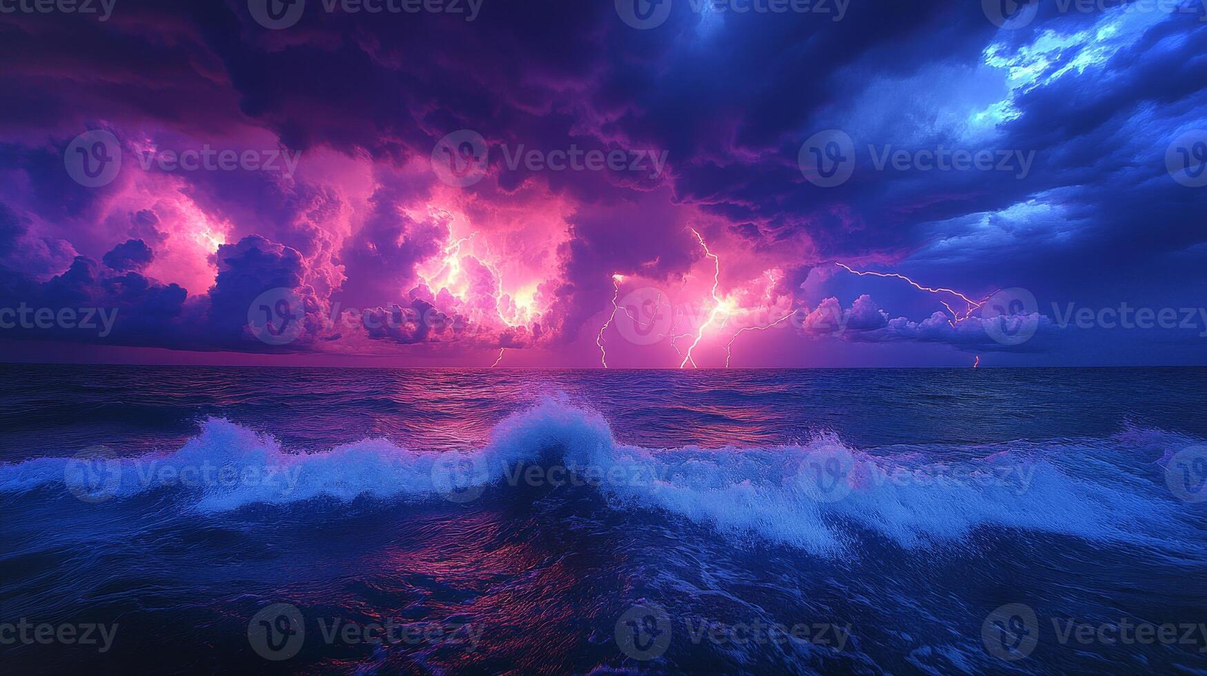 Dark clouds roll over the ocean as bright lightning strikes illuminate the sky, creating an awe-inspiring spectacle at dusk. photo