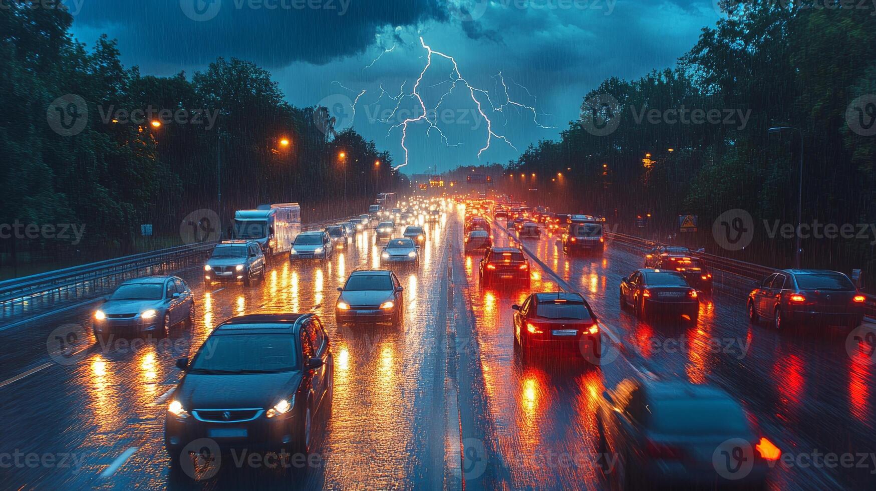 Storm clouds gather above as lightning arcs across the sky, casting a surreal glow over the rain-drenched highway filled with vehicles. photo