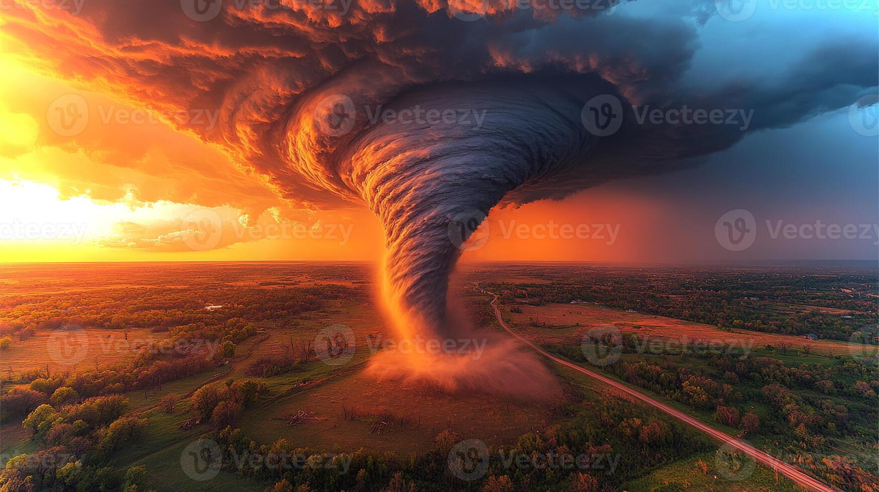 A massive tornado spins across open fields, picking up debris as dusk descends, casting vibrant orange and purple hues across the dramatic sky. photo