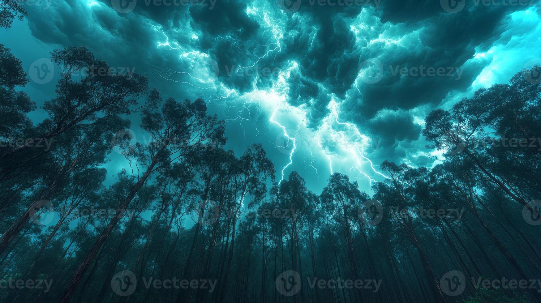 Dark storm clouds roll in, illuminating the dense forest below with flashes of lightning. Tall trees sway dramatically, caught in the brewing tempest. photo