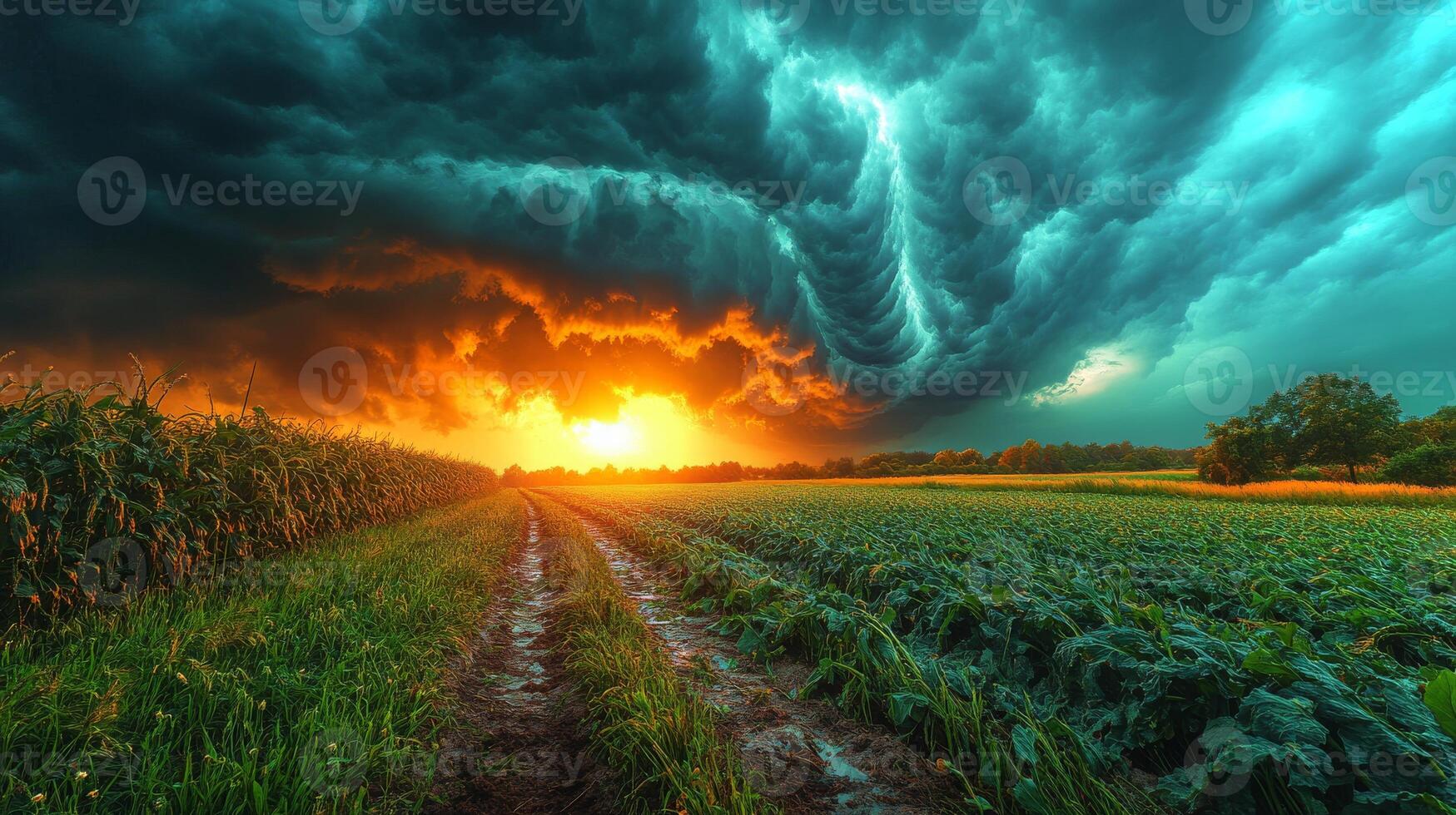 Dark clouds unleash hail on vulnerable crops as a fiery sunset casts an eerie glow over the agricultural landscape, highlighting the storm's impact. photo