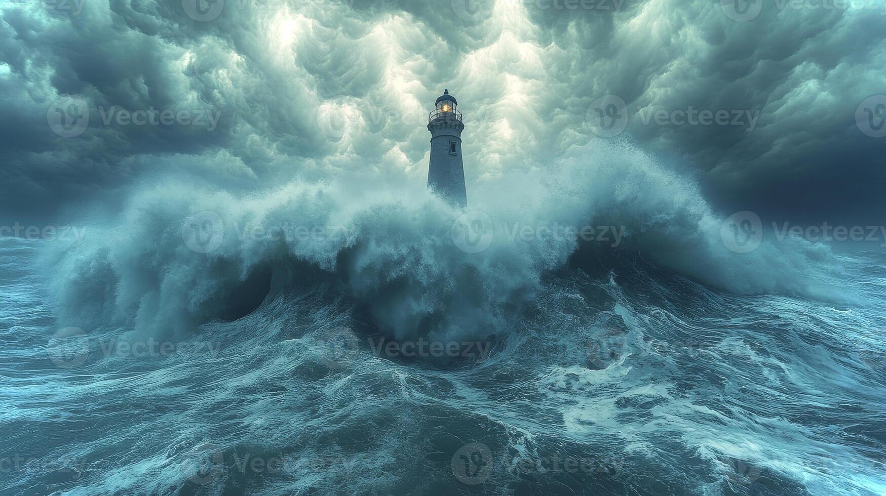 A sturdy lighthouse endures powerful waves crashing all around as dark storm clouds loom overhead, creating a striking contrast in a tumultuous atmosphere. photo