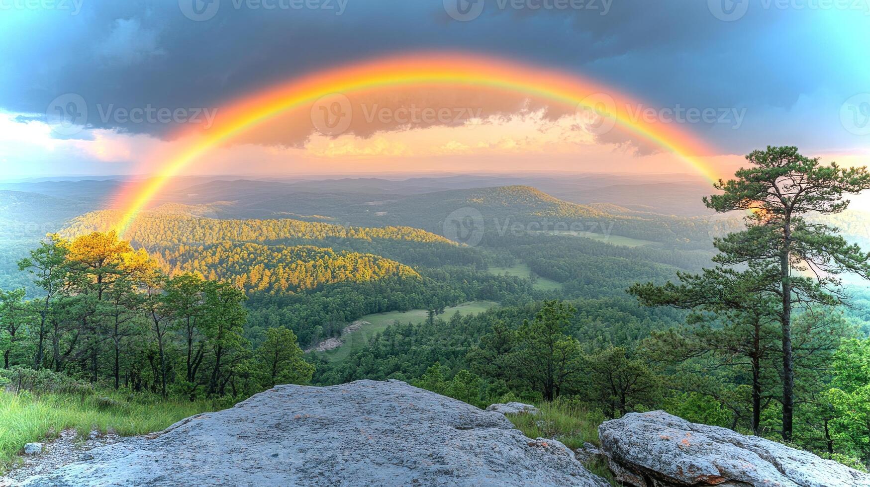 Bright colors of a rainbow stretch across the sky, illuminating the lush green mountains below as sunlight breaks through the clouds during a picturesque moment. photo