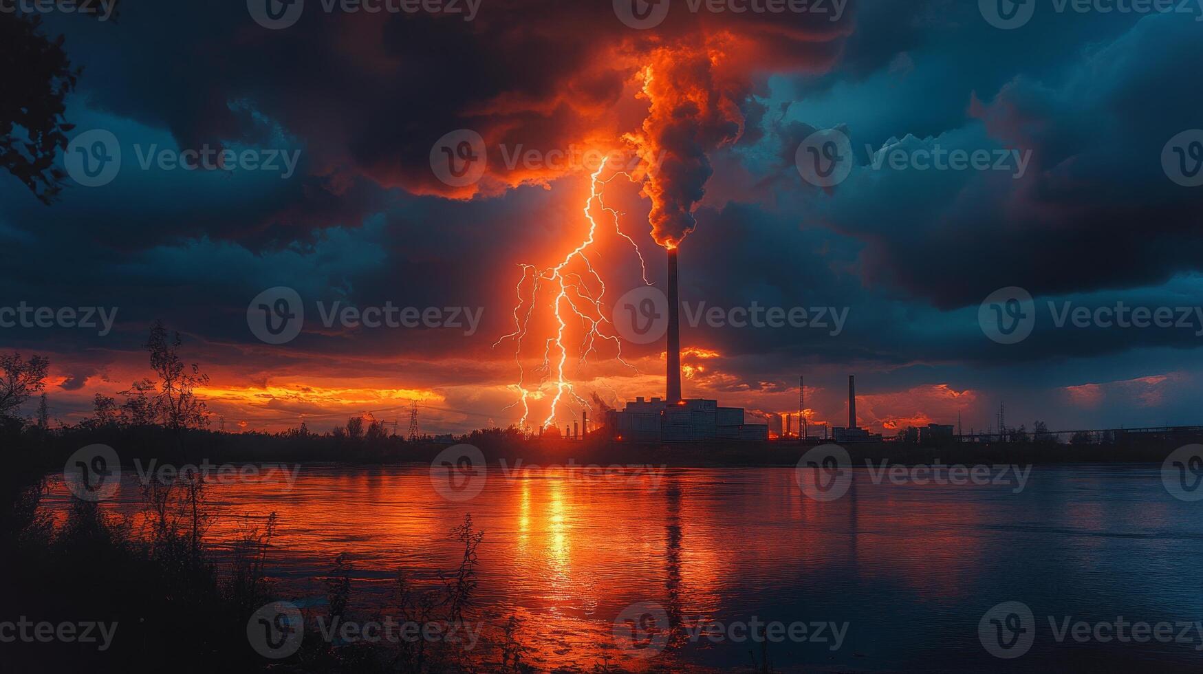 A powerful lightning strike illuminates the remnants of an abandoned industrial location as dark clouds gather overhead. The sky glows with vibrant colors at sunset. photo