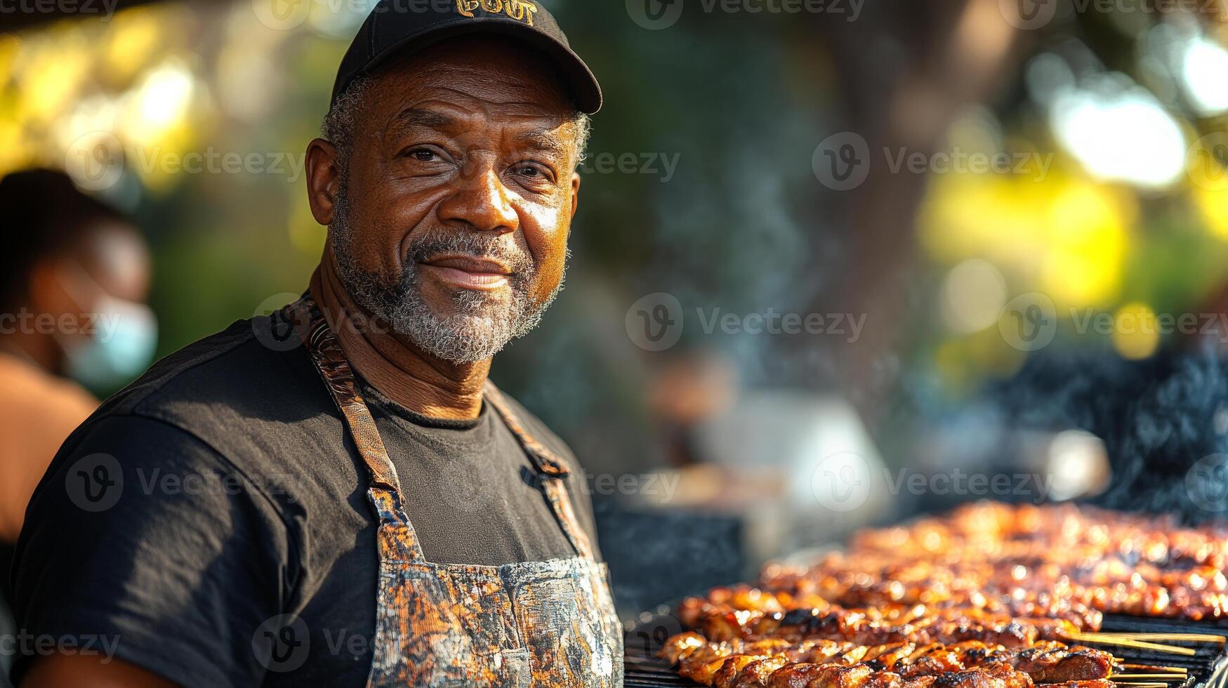 A skilled grill master smiles proudly while tending to sizzling barbecue at a lively outdoor market, surrounded by the warmth of sunlight and flavorful aromas. photo