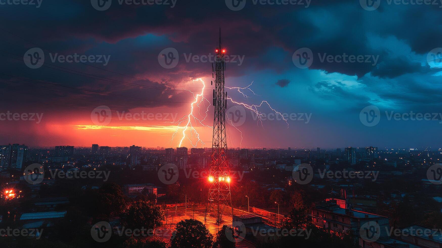Bright flashes of lightning hit a tall communication tower surrounded by dark clouds and an urban skyline at dusk. photo
