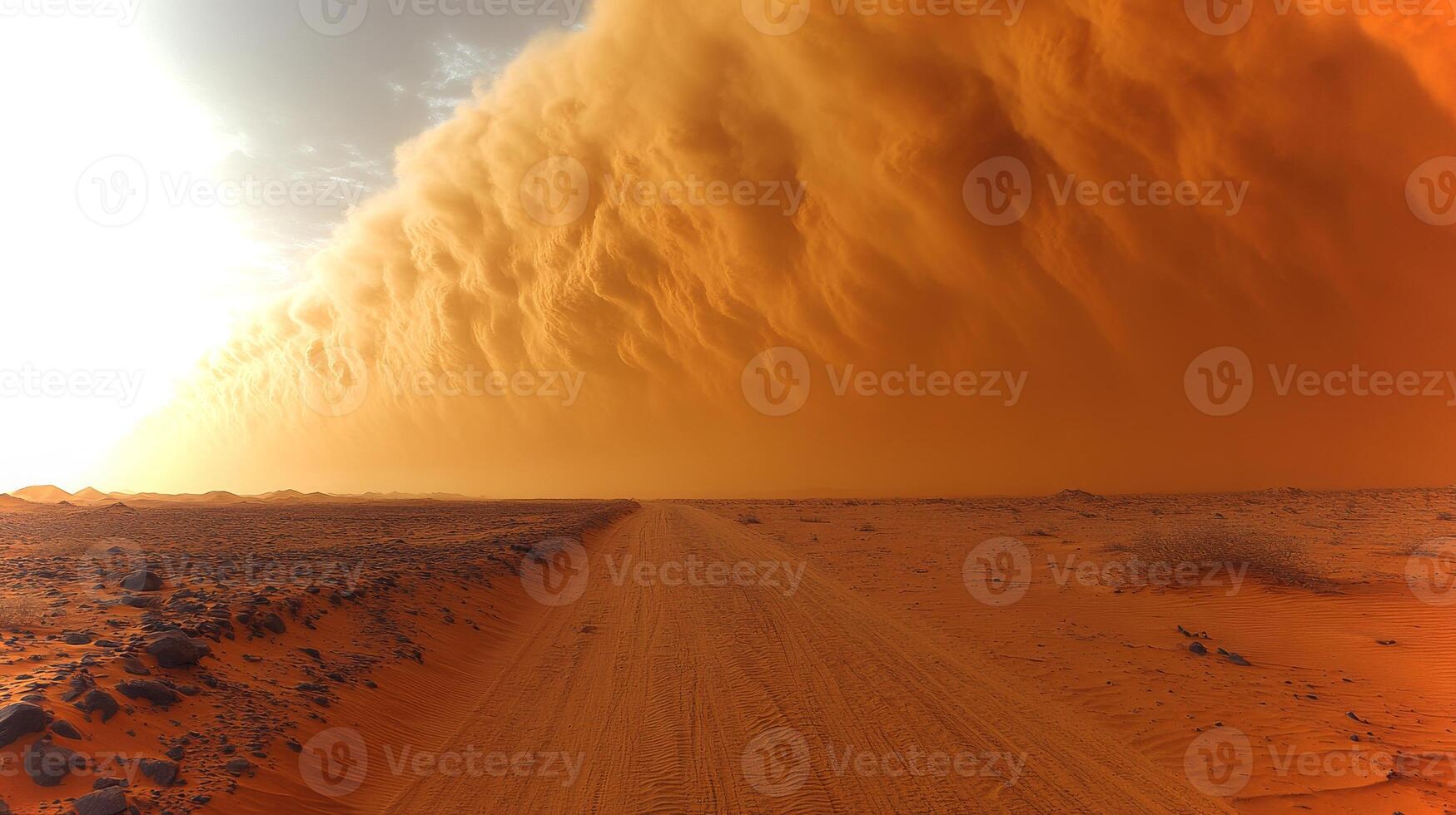 Massive clouds of dust surge across the Sahara as a sandstorm sweeps over the arid terrain. The immense storm casts a striking orange glow, altering the landscape. photo