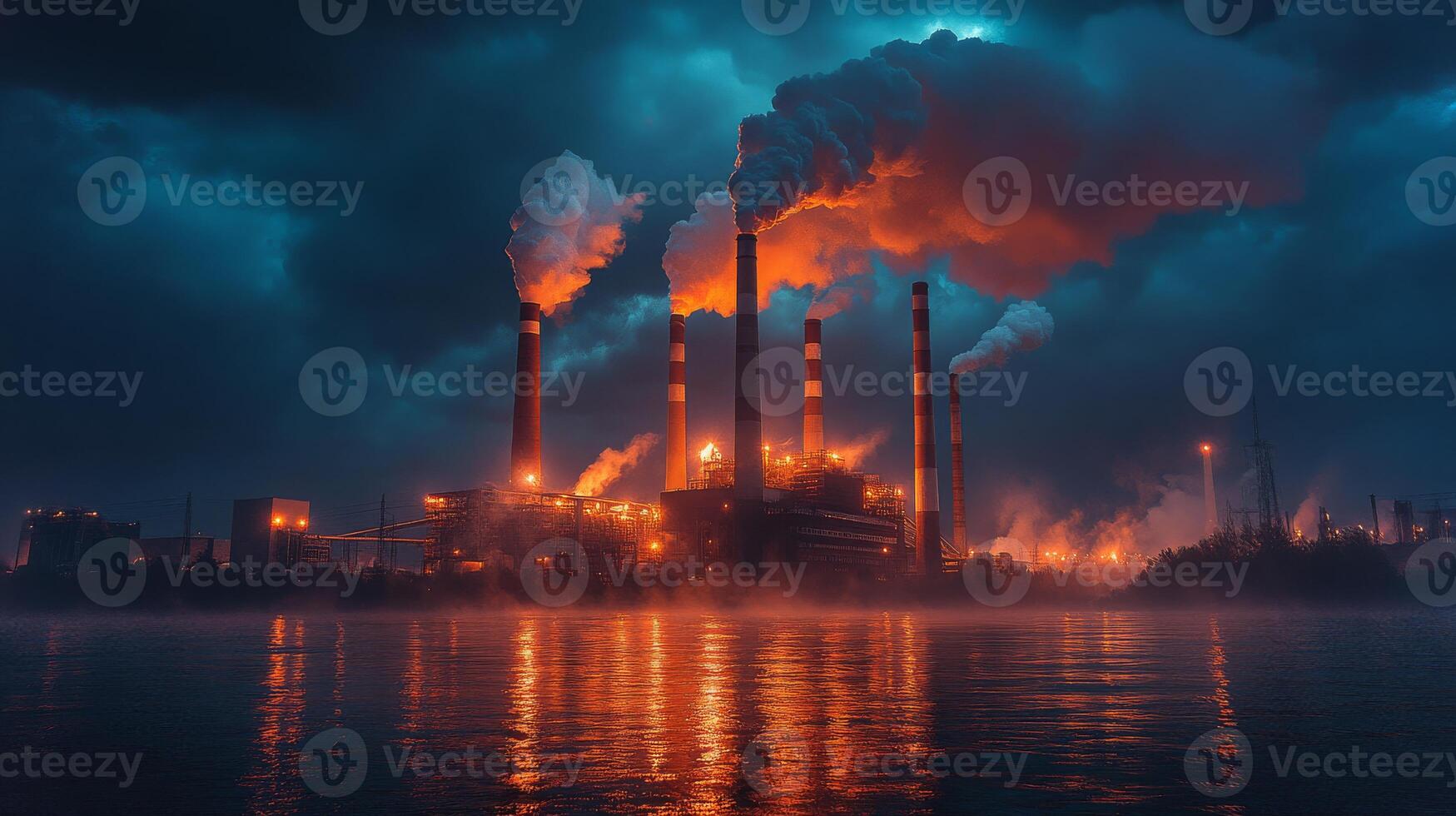 Bright lightning strikes tall chimneys at an industrial site, surrounded by dark clouds and reflections on the water, creating a striking and ominous atmosphere. photo