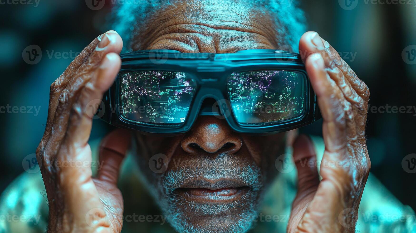 An elderly man closely examines a digital display through advanced glasses, highlighting the intersection of age and technology in a unique setting. photo