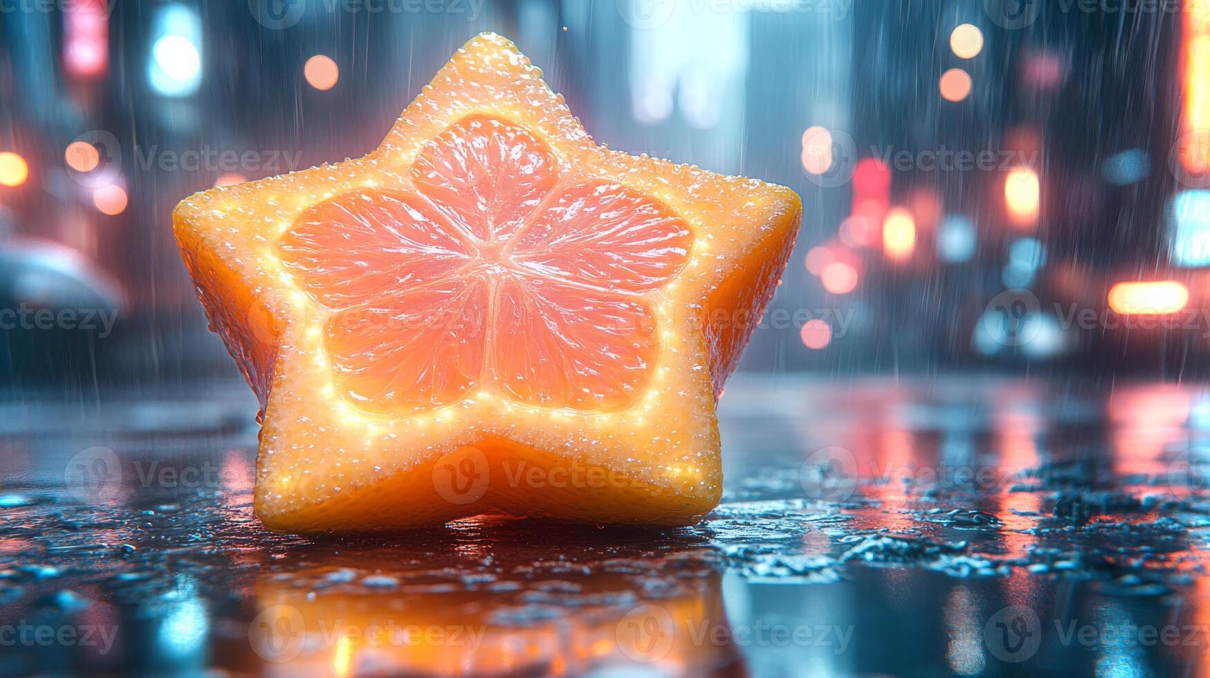 A star-shaped lemon radiates a neon glow amidst a lively urban setting. Raindrops cascade, enhancing the vibrant atmosphere and colors at dusk. photo
