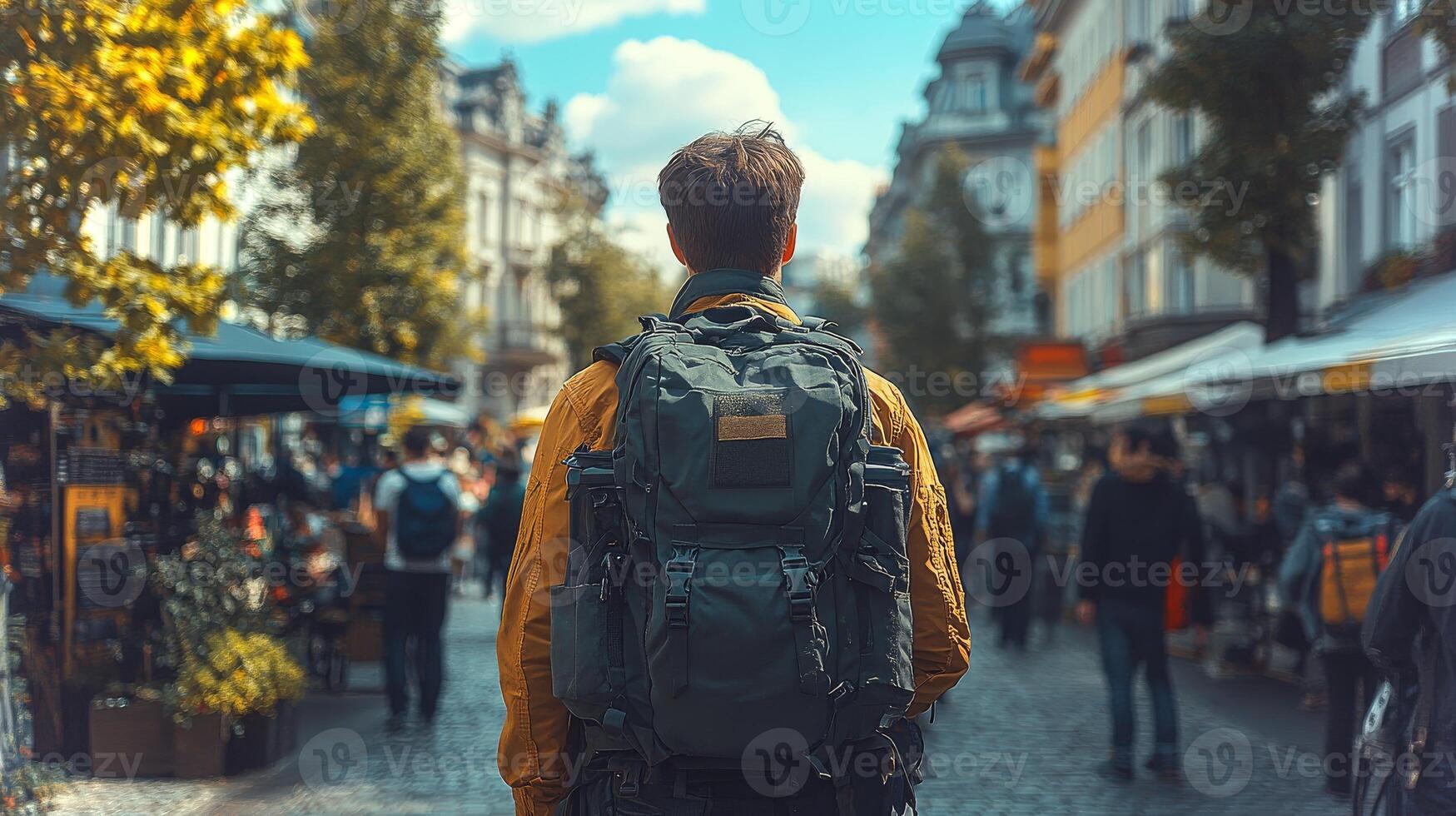 A young traveler with a large backpack walks through a lively market street filled with people and shops under a bright blue sky. photo