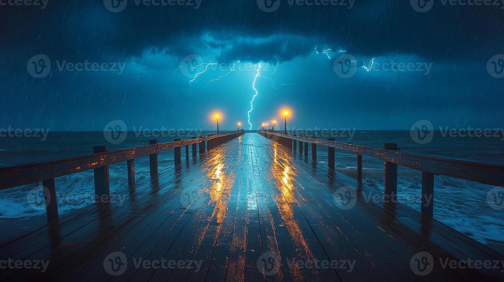 Bright flashes of lightning strike over a wooden pier at night, creating a dramatic atmosphere amidst turbulent skies and wet surfaces reflecting the storm. photo