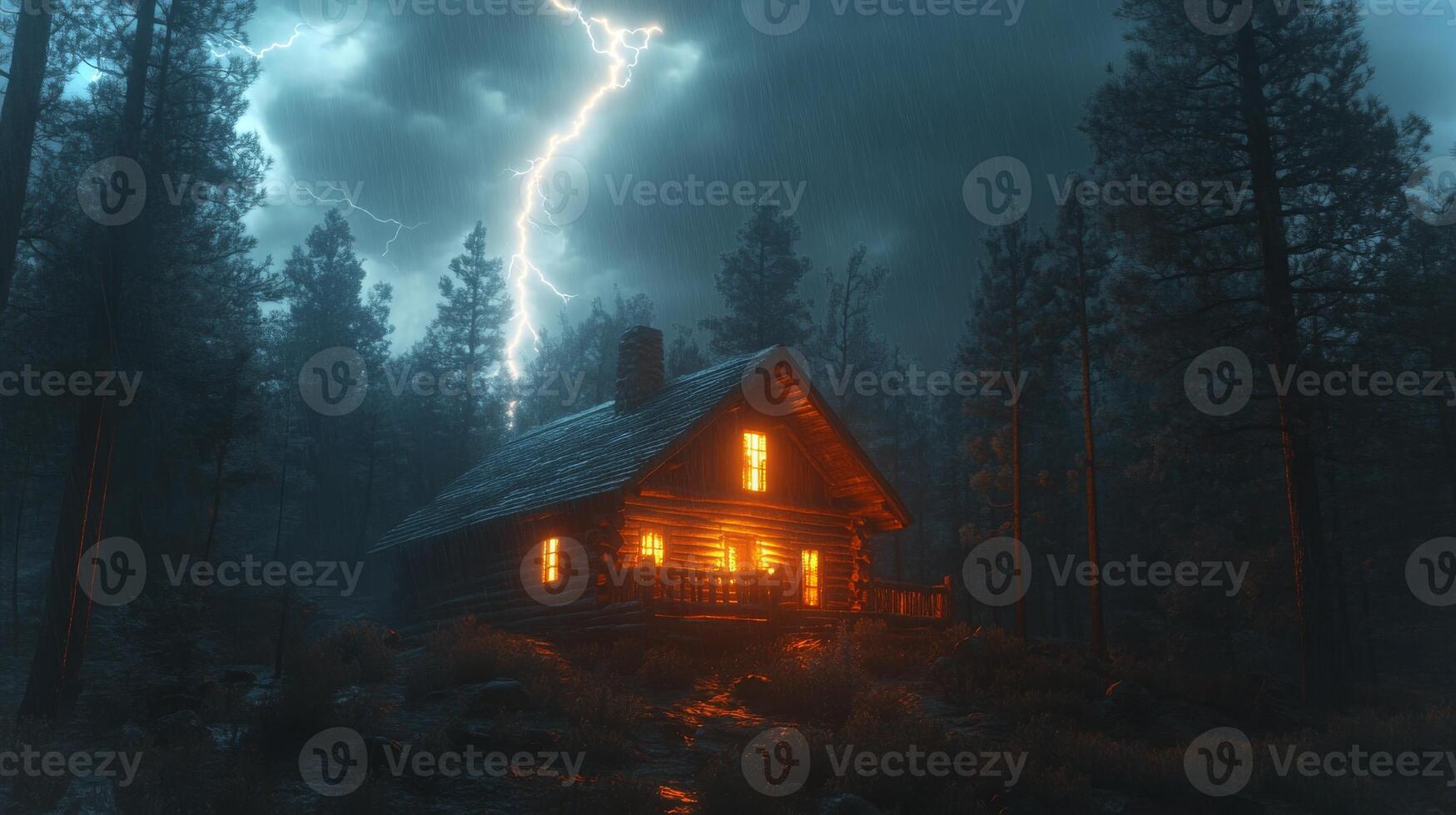 A powerful bolt of lightning illuminates a remote mountain cabin, casting bright light against dark storm clouds and surrounding trees during a wild thunderstorm. photo